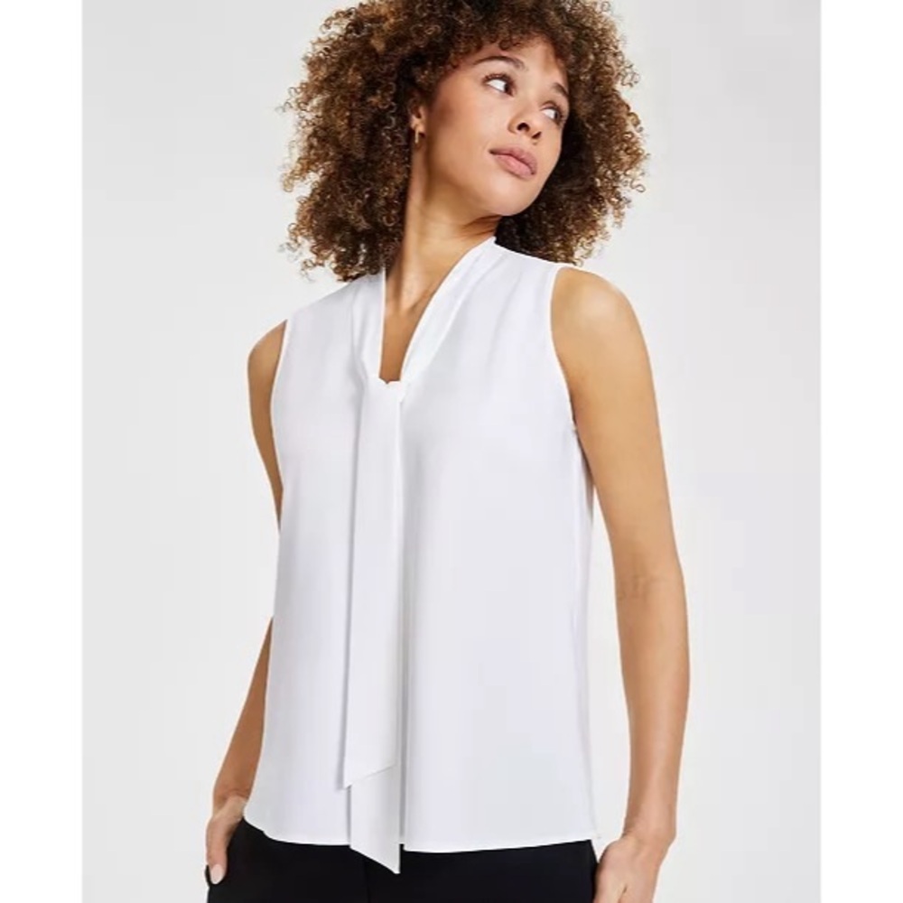Kasper Women's White Sleeveless Tie-Neck Top Size Medium